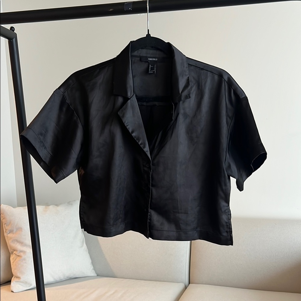 Forever 21 Black Button Down Shirt Cropped Top